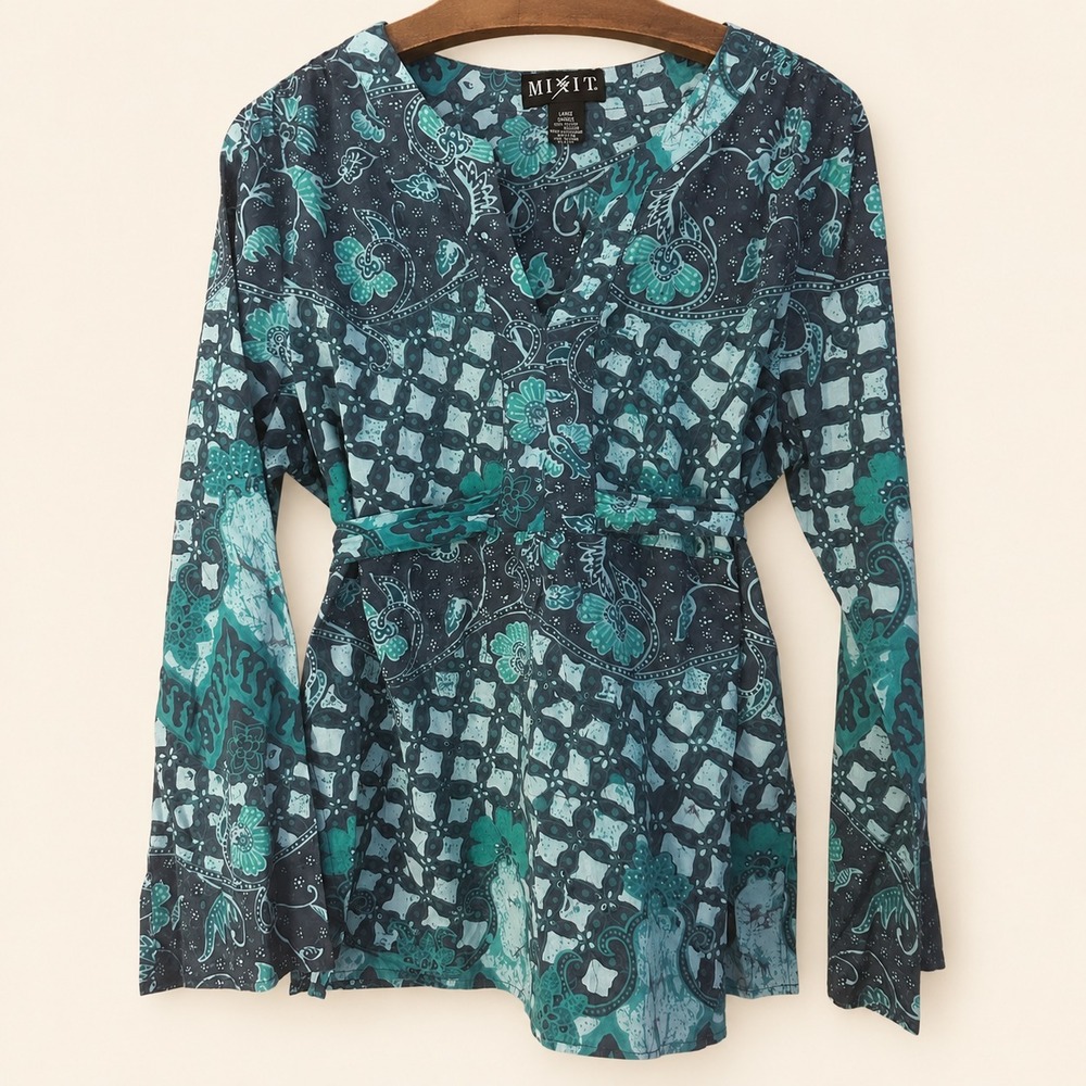 Vintage Mixit Blouse Size L Y2K Cotton Voile Green Tie Back Artsy Boho Indie